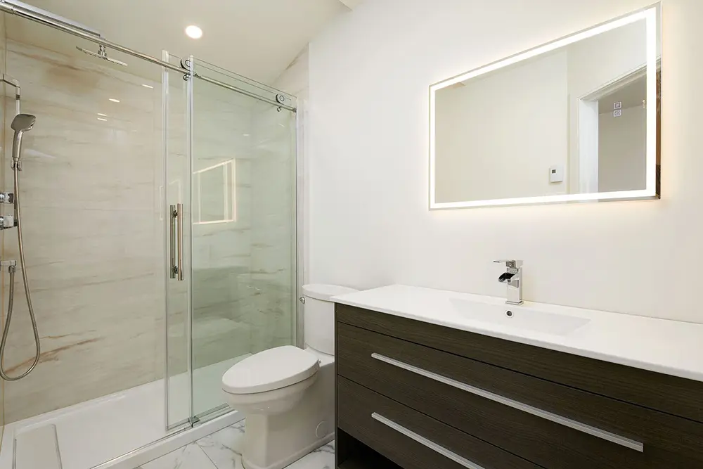 Custom bathroom vanity with clean countertop and sink setup
